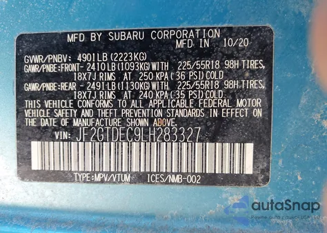 2020 Subaru Crosstrek Hybrid z USA, uszkodzony, nr VIN JF2GTDEC9LH283327